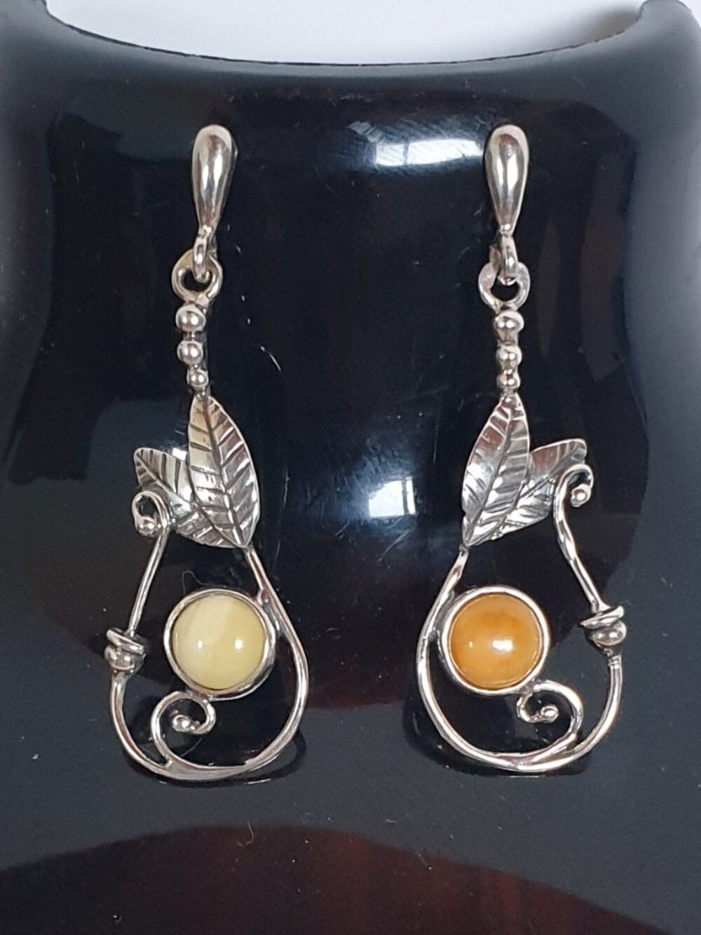 Baltic Butterscotch Amber 925 Sterling Silver Floral Dangle Earrings Vintage